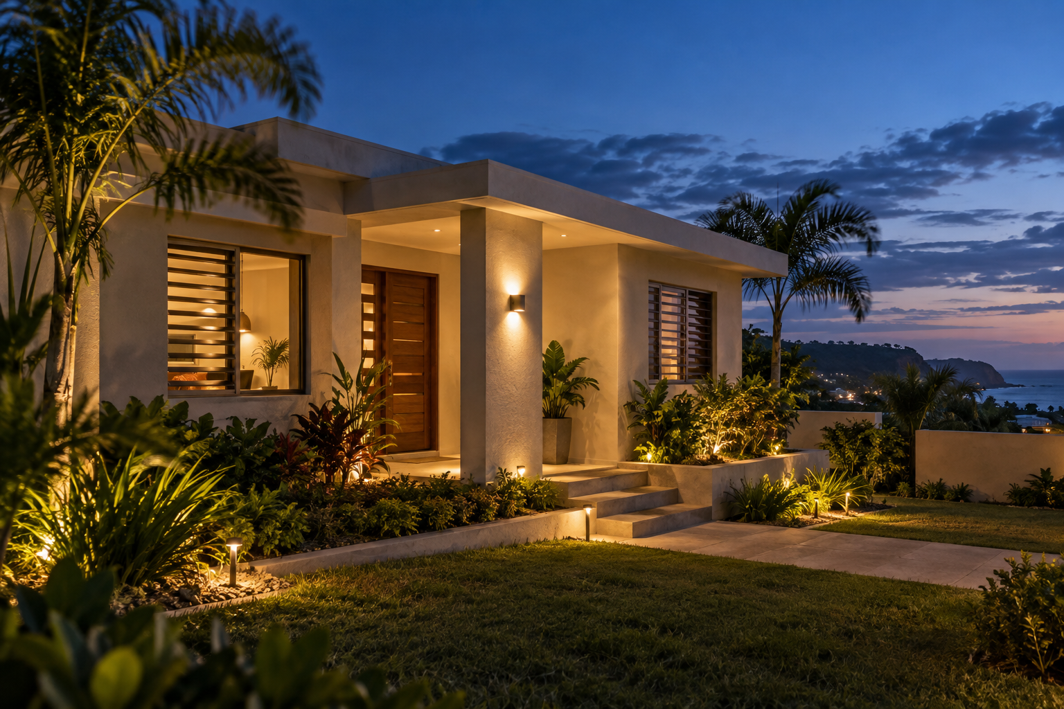 A Puerto Rican concrete home with warm outdoor lighting